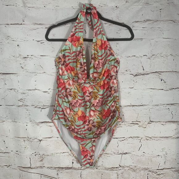 Nicole Miller Other - Nicole Miller Floral One Piece Swimsuit XL Halter Ruched Tropical Beach Pool